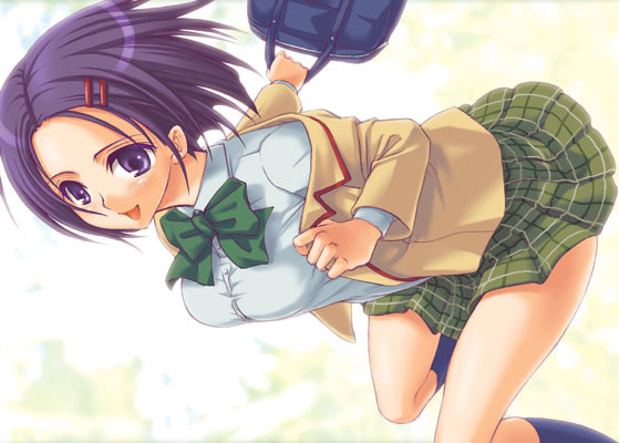 takumi namuchi, sairenji haruna, to love-ru, 00s, 1girl, :d, bag, blazer, bow, bowtie, female focus, hair ornament, hairclip, jacket, open mouth, plaid clothes, plaid skirt, purple eyes, purple hair, school bag, school uniform, serafuku, skirt, smile, solo