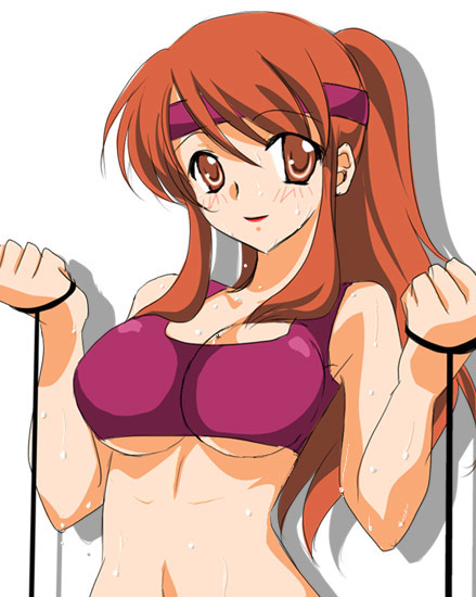 sinko (sinsin), asahina mikuru, asahina mikuru (adult), suzumiya haruhi no yuuutsu, 00s, 1girl, aged up, alternate hairstyle, breasts, brown eyes, brown hair, cleavage, collarbone, exercising, female focus, large breasts, looking at viewer, ponytail, sidelocks, solo, sports bra, sweat, upper body