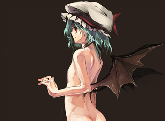 shimadoriru, remilia scarlet, touhou, 1girl, bat wings, blue hair, completely nude, female focus, from behind, loli, nude, profile, red eyes, short hair, solo, wings