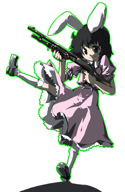 gengorou, inaba tewi, touhou, duplicate, 1girl, female focus, gun, pump action, shotgun, solo, weapon