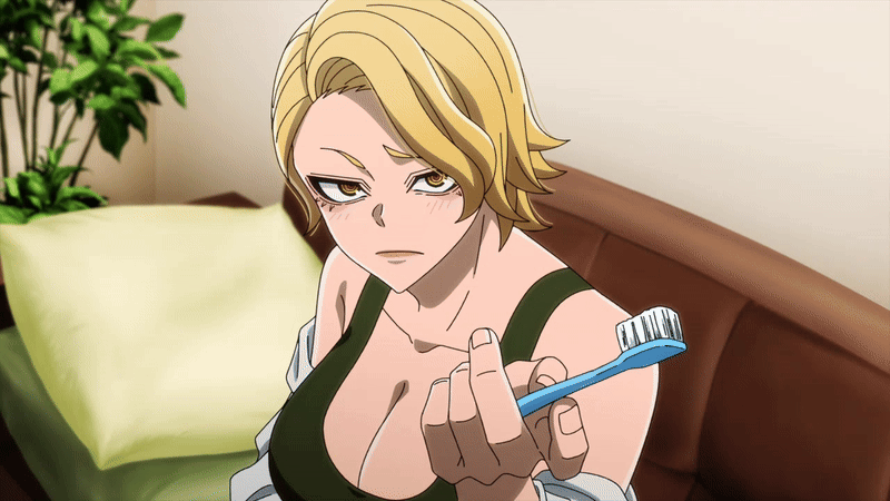 sazanami kuina, tougen anki, animated, animated gif, tagme, 1girl, 2025, 20s, blonde hair, blush, breasts, eyeshadow, huge breasts, jacket, large breasts, makeup, pillow, plant, shirt, short hair, solo, tank top, toothbrush, white shirt, yellow eyes