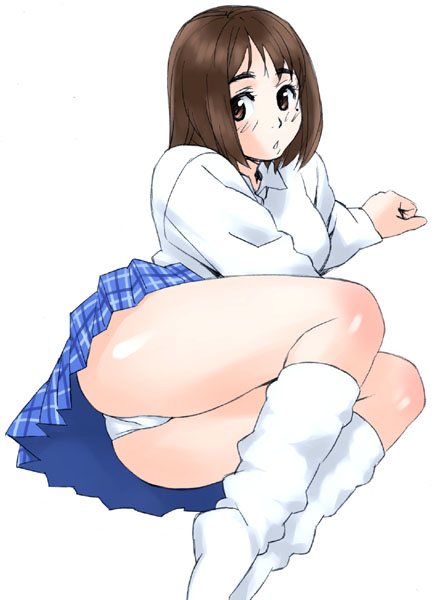 jinroku, kasuga ayumu, azumanga daiou, blouse, feet, loose socks, panties, pantyshot, plaid clothes, plaid skirt, school uniform, serafuku, shirt, simple background, skirt, socks, solo, underwear, white background, white shirt, white socks