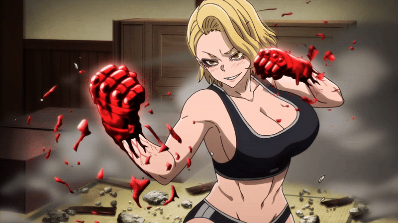 sazanami kuina, tougen anki, animated, animated gif, tagme, 1girl, 2025, 20s, abs, attack, black bra, black panties, black sports bra, blonde hair, blood, blood on hands, bra, breasts, cleavage, female focus, fighting, fighting stance, gloves, large breasts, legs, matching hair/eyes, midriff, multicolored eyes, muscular, muscular female, navel, panties, punch, short hair, smashing, smile, smoke, solo, sports bra, stomach, thighs, tongue, tongue out, underwear, underwear only, yellow eyes