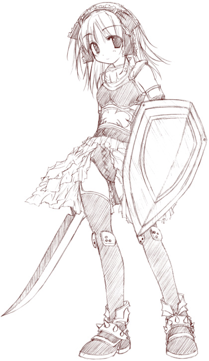 yumesato makura, fantasy earth zero, 1girl, female focus, monochrome, pink theme, sketch, solo, sword, thighhighs, warrior, weapon