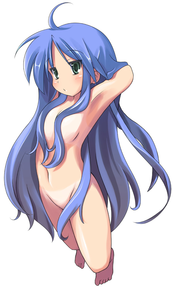 mizoguchi keiji, izumi konata, lucky star, 00s, 1girl, ahoge, armpits, barefoot, bikini tan, blue hair, censored, censored nipples, convenient censoring, female focus, green eyes, groin, hair censor, hair over breasts, long hair, nude, simple background, solo, tan, tanline, very long hair, white background