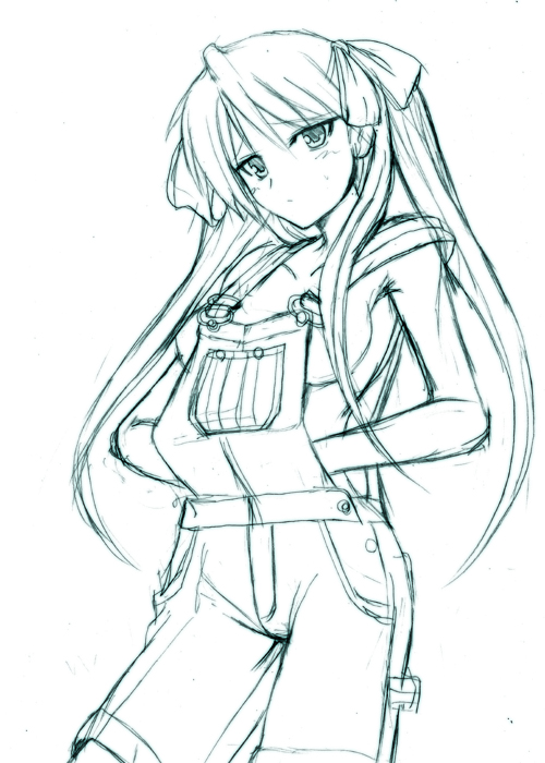 yasakani an, hiiragi kagami, lucky star, 00s, 1girl, aqua theme, breasts, female focus, long hair, monochrome, naked overalls, overall shorts, overalls, simple background, sketch, solo, twintails