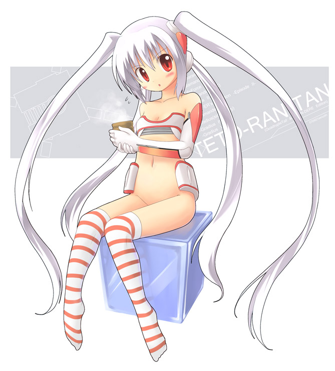 emurin, tetoran, gradius v, konami, 1girl, bare shoulders, blush, bottomless, cube, cup, emudon, female focus, flat chest, loli, long hair, mecha, navel, quad tails, red eyes, robot, sitting, solo, striped clothes, striped thighhighs, thighhighs, very long hair, white hair