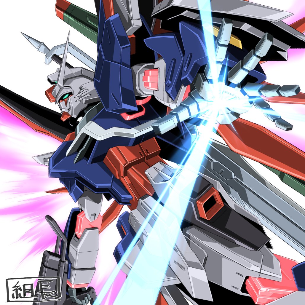 kumichou (ef65-1118-ef81-95), destiny gundam spec ii, gundam, gundam seed, gundam seed freedom, commentary, energy wings, glowing, glowing hand, green eyes, gun, holding, holding gun, holding weapon, mecha, mobile suit, no humans, robot, science fiction, solo, v-fin, weapon, white background