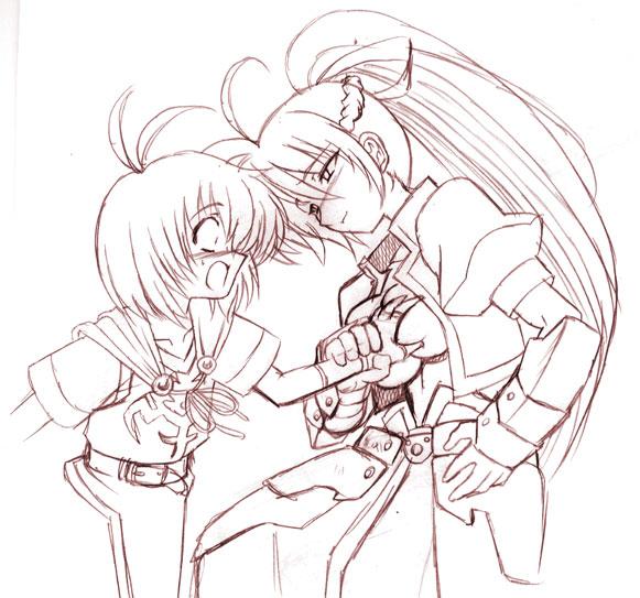 signum, yuuno scrya, lyrical nanoha, mahou shoujo lyrical nanoha, mahou shoujo lyrical nanoha a's, mahou shoujo lyrical nanoha strikers, 00s, 1boy, 1girl, ahoge, breasts, clenched teeth, cowboy shot, dress, grabbing another's breast, groping, hetero, juliet sleeves, long hair, long sleeves, puffy sleeves, simple background, standing, teeth, white background, wide-eyed