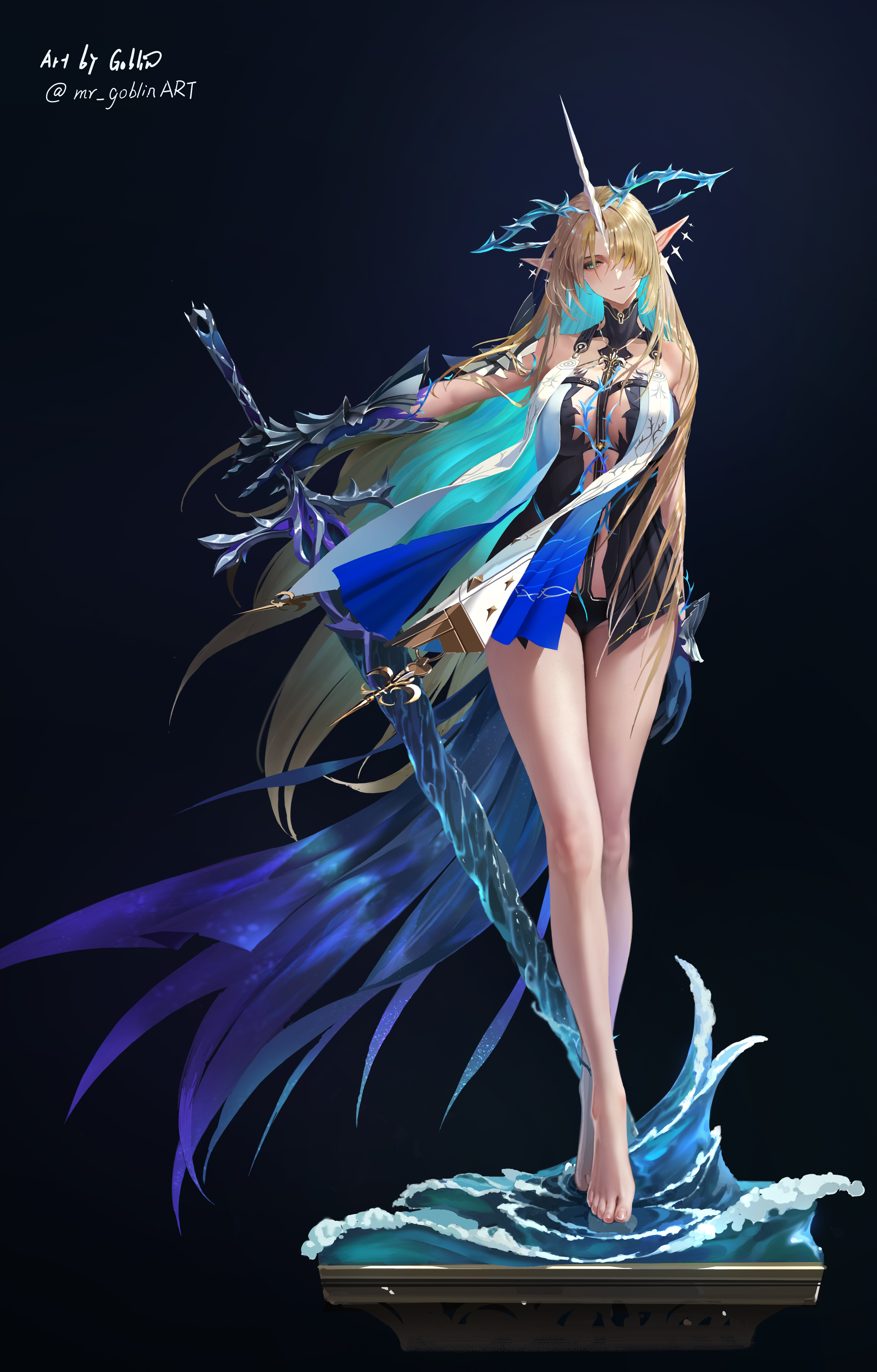 mr goblin, fleurdelys (wuthering waves), wuthering waves, absurdres, commentary, highres, 1girl, armor, armored gloves, artist name, bare shoulders, barefoot, black background, black collar, black dress, blonde hair, blue eyes, blue hands, breasts, collar, colored inner hair, crown of thorns, dress, earrings, feet, floating crown, floating earrings, full body, hair over one eye, holding, holding sword, holding weapon, horns, jewelry, large breasts, legs, long hair, long horns, looking at viewer, multicolored hair, outstretched arm, pointy ears, shoulder armor, simple background, single horn, solo, standing, sword, tabard, tacet mark (wuthering waves), toenails, toes, twitter username, very long hair, water, waves, weapon, white tabard, yellow horns