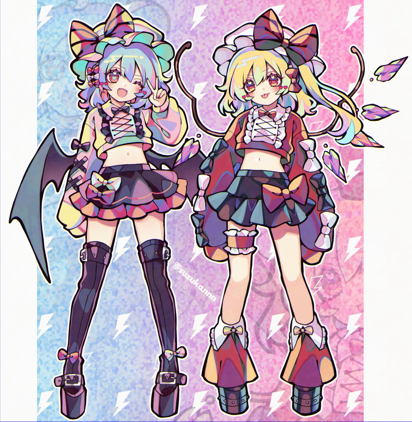 kyouda suzuka, flandre scarlet, remilia scarlet, touhou, commentary, highres, 2girls, :p, ;d, alternate costume, bat wings, black bow, black shoes, black skirt, black thighhighs, blonde hair, blue background, blue hair, bow, cropped shirt, double-parted bangs, frilled thigh strap, full body, hair bow, hand up, hat, hat bow, headphones, heart, heart-shaped pupils, heart in eye, long hair, long sleeves, looking at viewer, midriff, mob cap, multiple girls, navel, one eye closed, open mouth, pink background, pink bow, pink hat, pink shirt, platform shoes, puffy long sleeves, puffy sleeves, red bow, red eyes, red shirt, shirt, shoes, short hair, siblings, sisters, skirt, sleeves past fingers, sleeves past wrists, smile, standing, striped bow, symbol-shaped pupils, symbol in eye, thigh strap, thighhighs, tongue, tongue out, v, white bow, white hat, wings