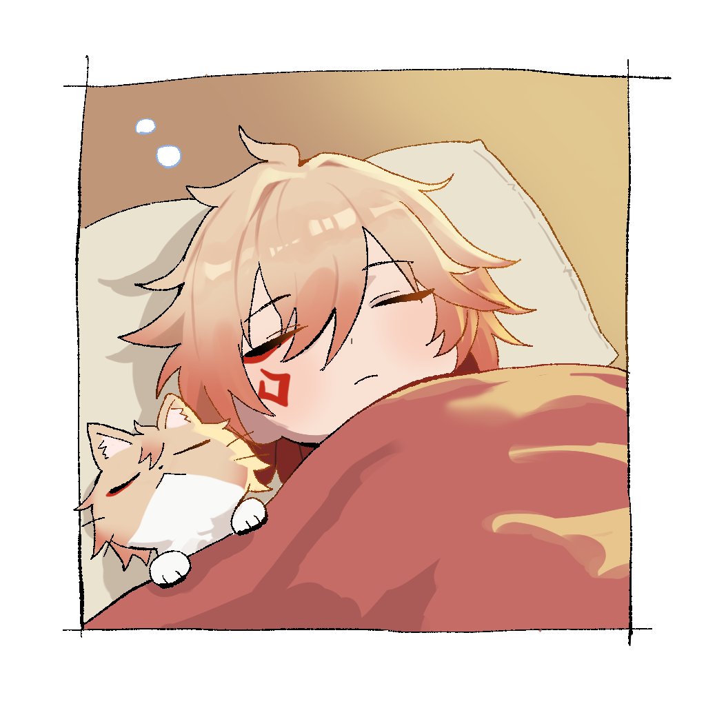 mydei (honkai: star rail), honkai: star rail, honkai (series), commentary, english commentary, 1boy, animalization, bed sheet, blonde hair, cat, chibi, chibi only, closed eyes, facial tattoo, gradient hair, hazozoyaku, male focus, multicolored hair, on bed, red hair, red tattoo, sleeping, solo, tattoo