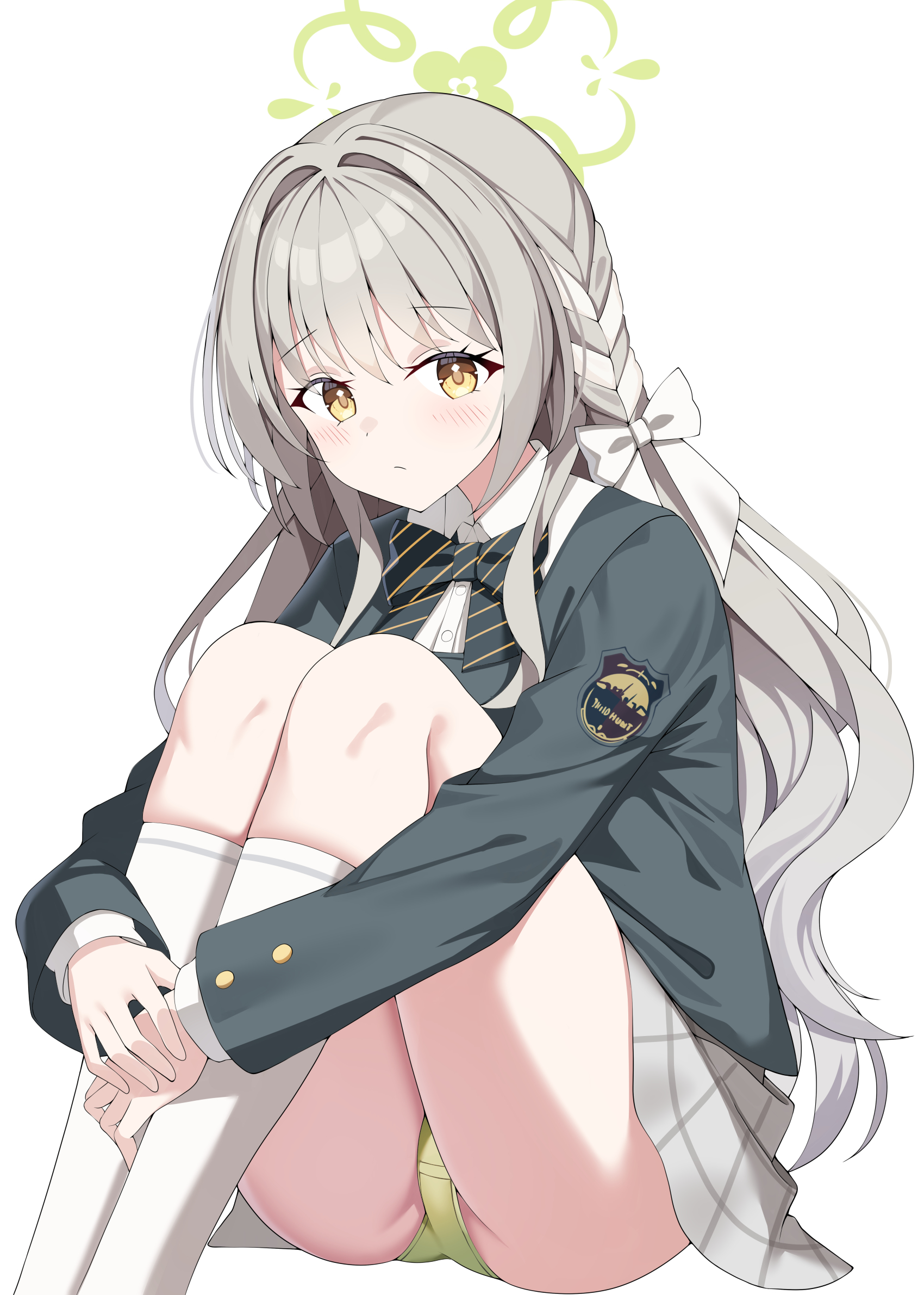 sob (submar1089), miyo (blue archive), blue archive, highres, 1girl, bow, braid, grey hair, halo, jacket, long hair, panties, simple background, skirt, socks, solo, underwear, white background, white socks