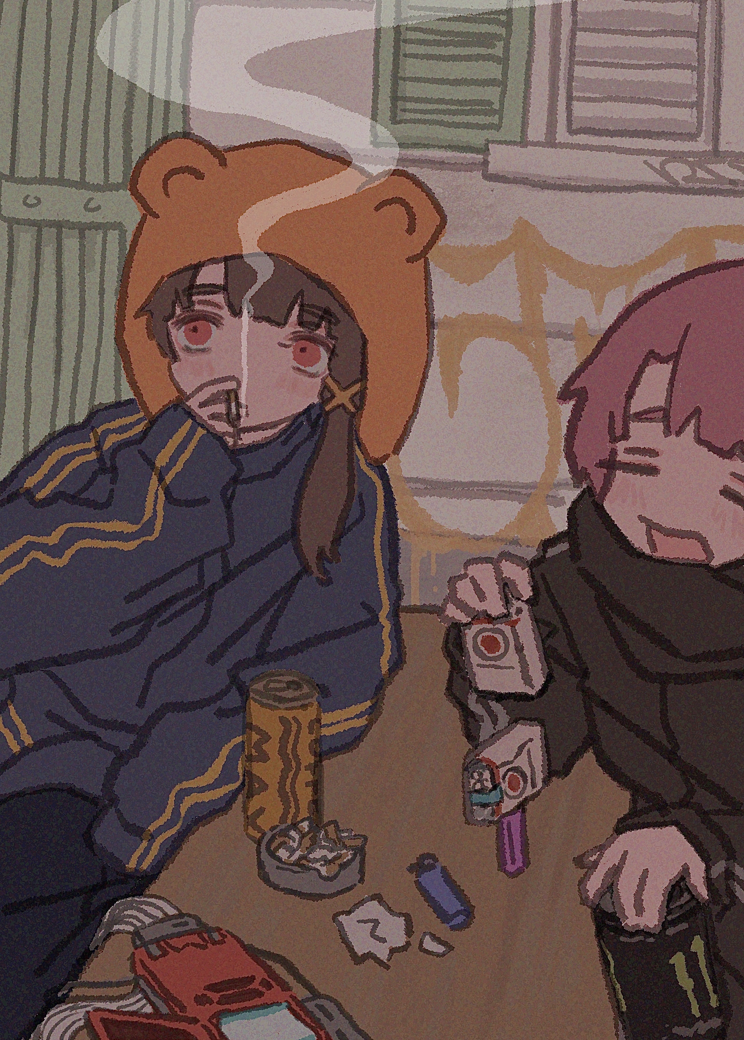 nzzcsm, iwakura lain, lucky strike, monster energy, serial experiments lain, absurdres, highres, 2girls, alternate form, ashtray, bear hat, blush, brown hair, can, cigarette, elbow rest, graffiti, holding, holding can, holding cigarette, jacket, lighter, multiple girls, open mouth, pda, pink hair, red eyes, ribbon cable, rock balancing, single sidelock, sketch, sleeves past fingers, sleeves past wrists, smoking, stacking, track jacket