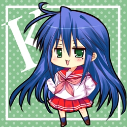 sakura hanpen, izumi konata, lucky star, sakura sakura, lowres, 00s, 1girl, chibi, chibi only, female focus, mole, mole under eye, school uniform, serafuku, solo