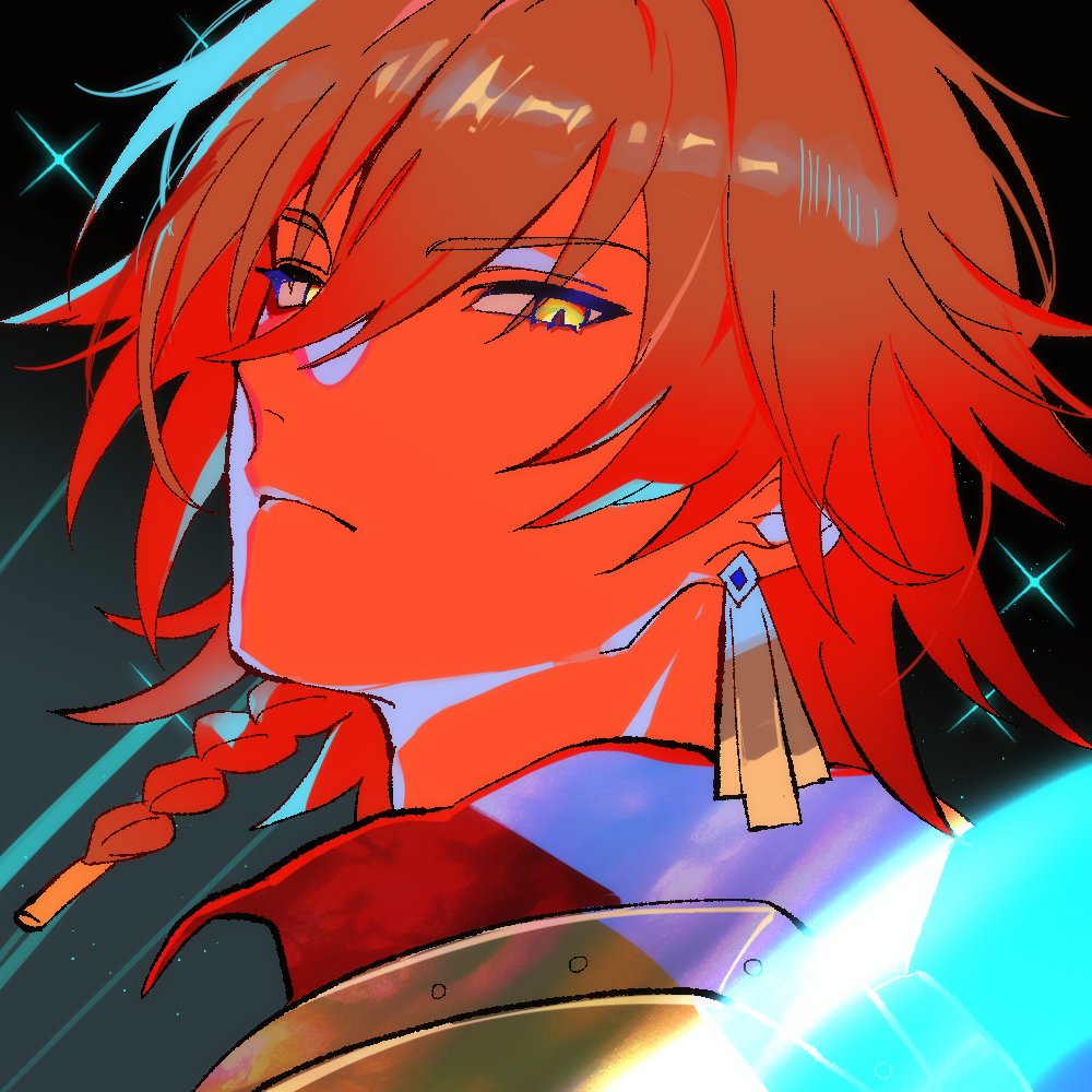 mydei (honkai: star rail), honkai: star rail, honkai (series), commentary request, korean commentary, 1boy, armor, black coat, blonde hair, braid, coat, earrings, gold earrings, gradient hair, hazozoyaku, jewelry, looking at viewer, male focus, medium hair, multicolored hair, pauldrons, portrait, red hair, shoulder armor, side braid, single pauldron, solo, yellow eyes