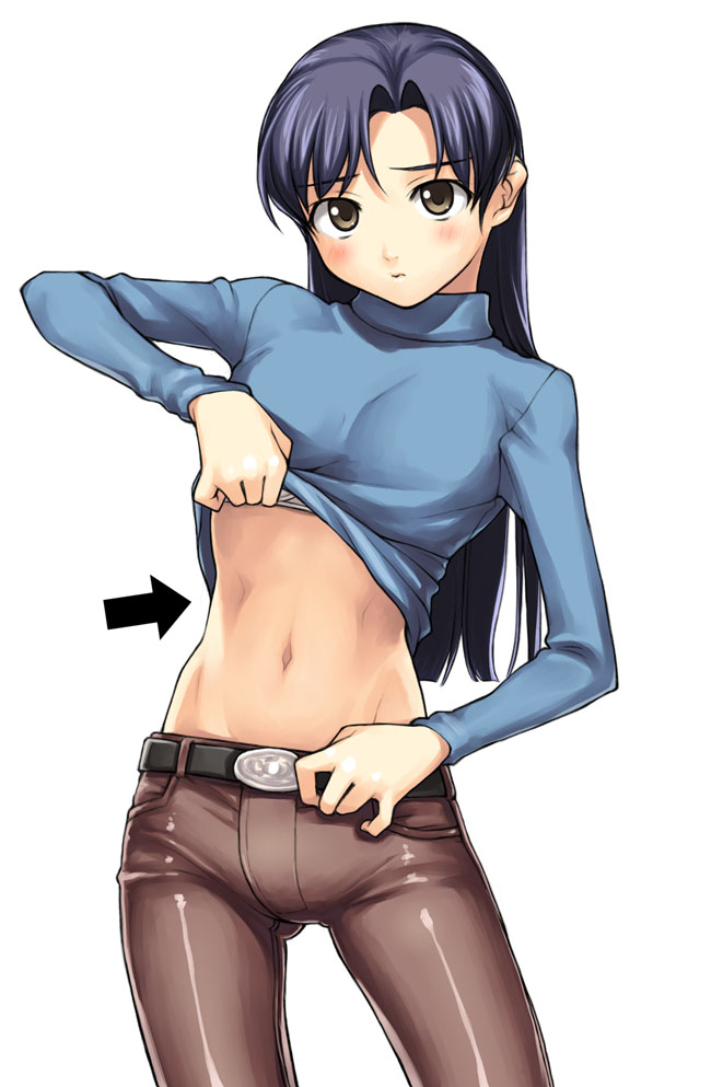 tanaka shoutarou, kisaragi chihaya, idolmaster, idolmaster (classic), idolmaster 1, 00s, 1girl, abs, arrow (symbol), belt, blue hair, bra, brown eyes, clothes lift, female focus, hand on own hip, hip focus, lingerie, midriff, navel, pants, shirt lift, solo, tight clothes, tight pants, turtleneck, underwear