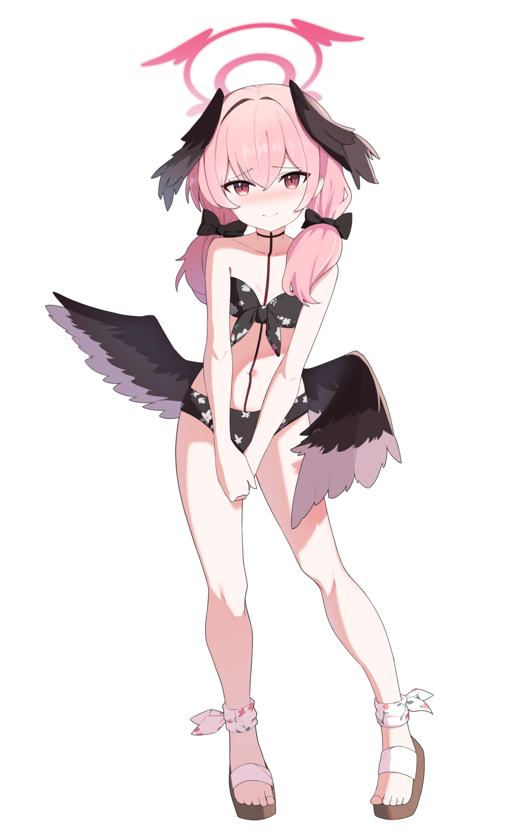 9nu, koharu (blue archive), koharu (swimsuit) (blue archive), blue archive, highres, 1girl, bikini, blush, breasts, full body, halo, long hair, looking at viewer, official alternate costume, pink hair, pink halo, red eyes, sandals, small breasts, solo, standing, swimsuit, wings