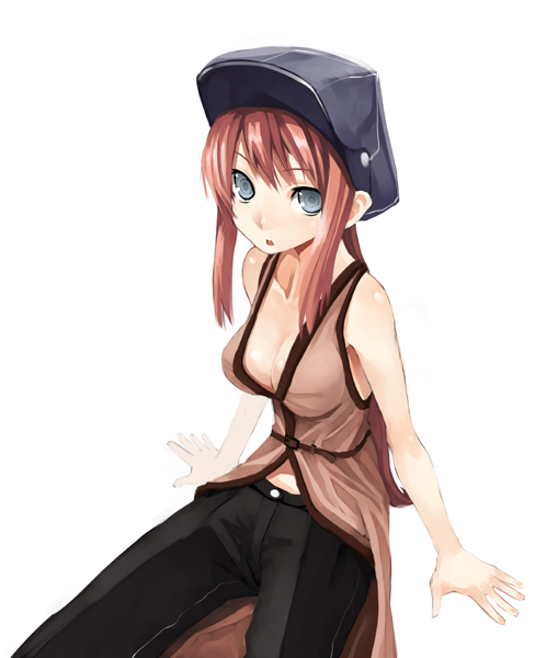 murata taichi, original, 1girl, blue eyes, breasts, cleavage, female focus, hat, medium breasts, solo