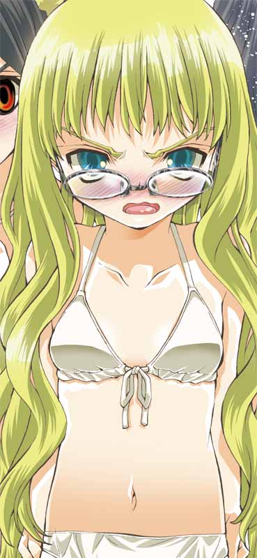 sokkurisan, copyright request, 2girls, angry, bikini, bikini top only, black hair, blue eyes, blush, breasts, collarbone, glasses, loli, looking at viewer, multiple girls, navel, open mouth, red eyes, small breasts, solo focus, swimsuit, white bikini