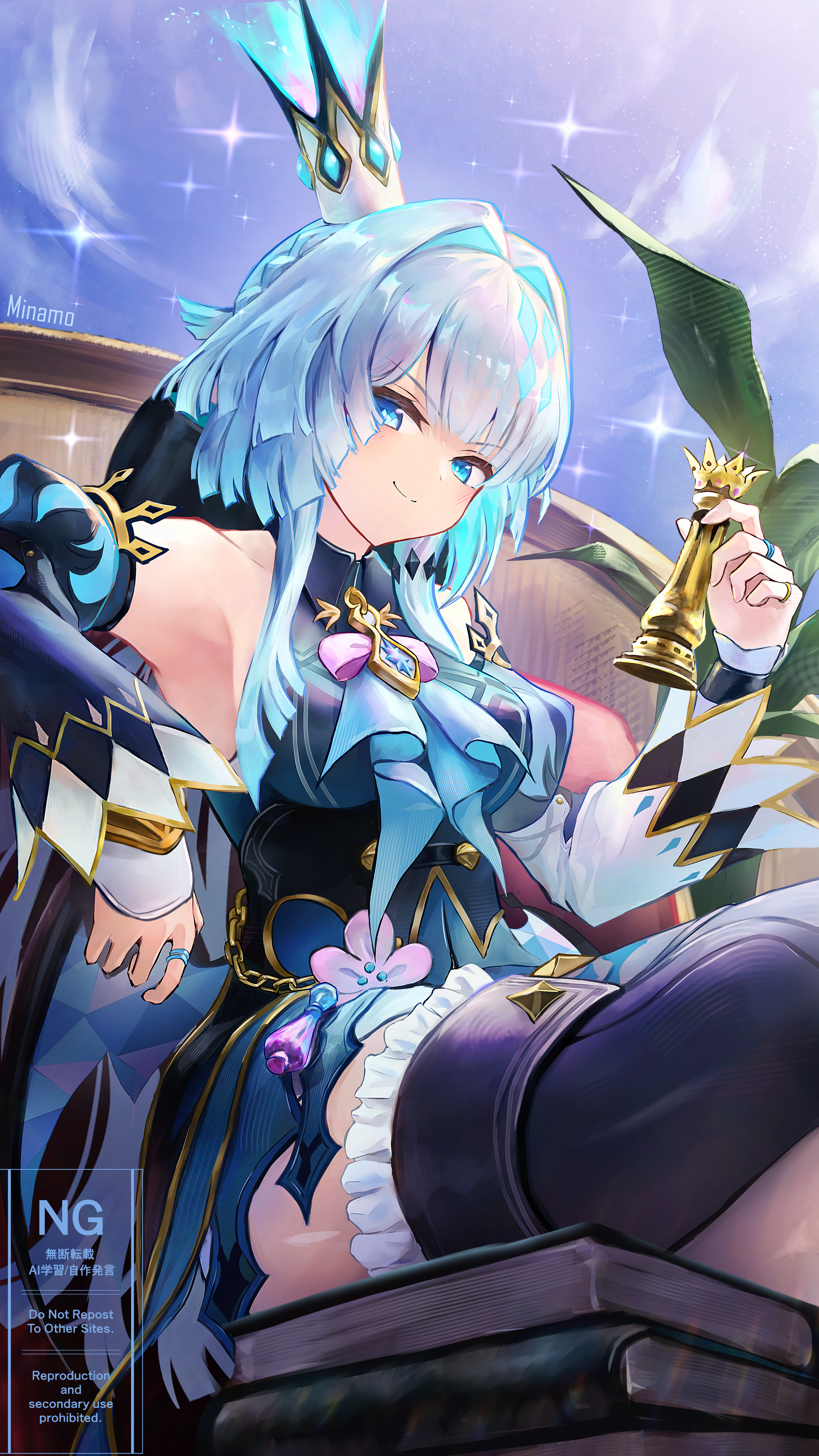 minamo (edosei edo), cerydra (honkai: star rail), honkai: star rail, honkai (series), absurdres, highres, 1girl, ascot, bare shoulders, black thighhighs, blue ascot, blue dress, blue eyes, blue hair, brooch, chess piece, crown, detached sleeves, dress, frills, hair intakes, holding, holding chess piece, jewelry, long hair, looking at viewer, mini crown, sitting, sleeveless, sleeveless dress, smile, solo, thighhighs, thighs