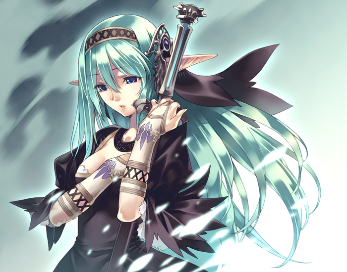 hirano katsuyuki, original, 1girl, aqua hair, blue eyes, dress, fantasy, female focus, gothic lolita, hairband, lolita fashion, long hair, open mouth, pointy ears, solo