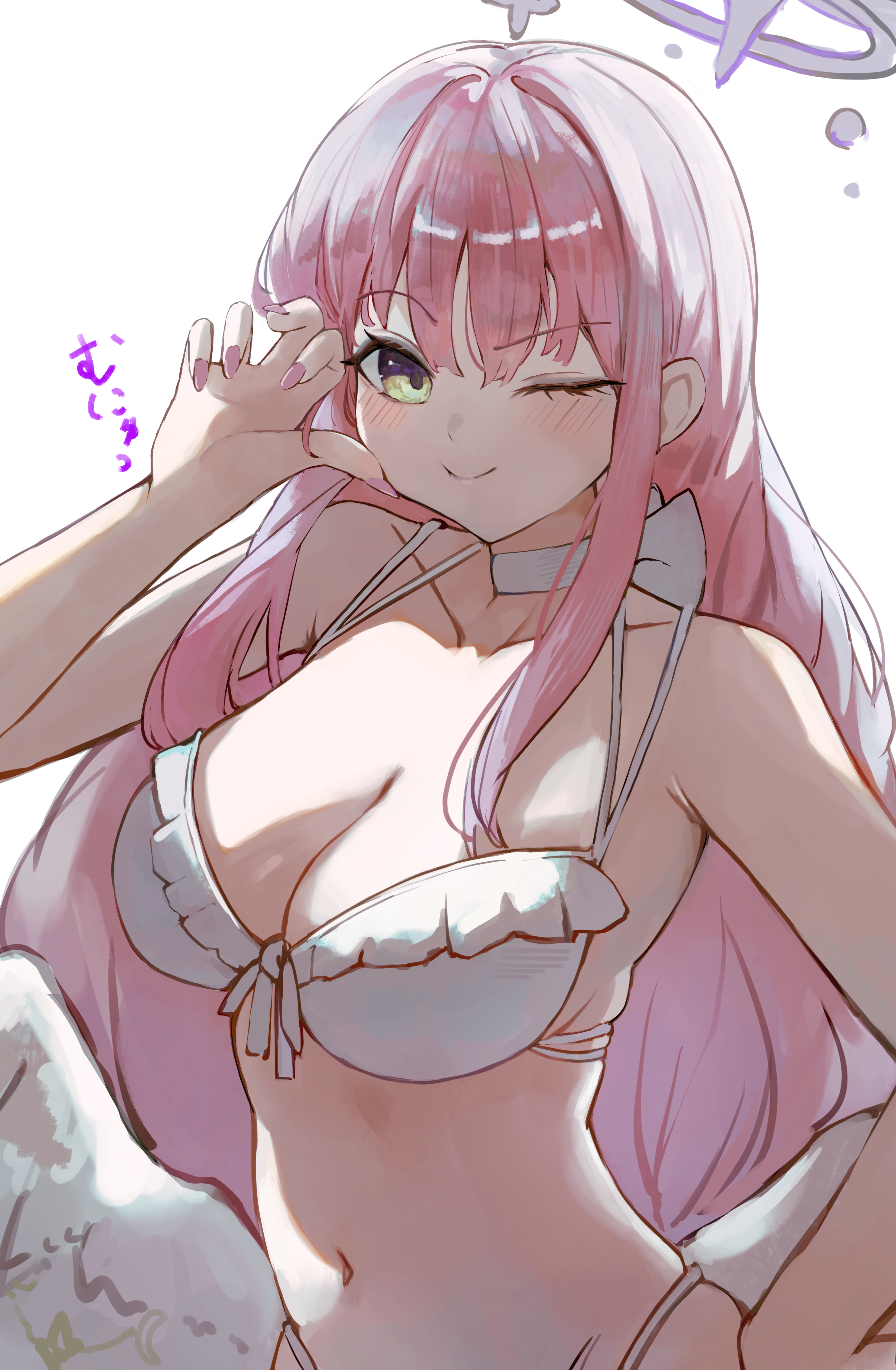 kuromame (meekaki96), mika (blue archive), mika (swimsuit) (blue archive), blue archive, absurdres, highres, 1girl, angel wings, bikini, blush, breasts, cleavage, closed mouth, collarbone, feathered wings, frilled bikini, frills, halo, long hair, looking at viewer, low wings, navel, official alternate costume, official alternate hairstyle, one eye closed, pink hair, pink halo, pink nails, smile, solo, stomach, swimsuit, very long hair, white bikini, white wings, wings, yellow eyes