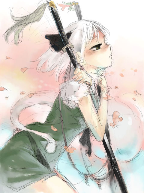 tomusooya, konpaku youmu, konpaku youmu (ghost), touhou, looking away, 1girl, female focus, hair ribbon, hitodama, holding, katana, leaning forward, petals, profile, ribbon, sheath, sheathed, short hair, skirt, solo, sword, weapon, white hair