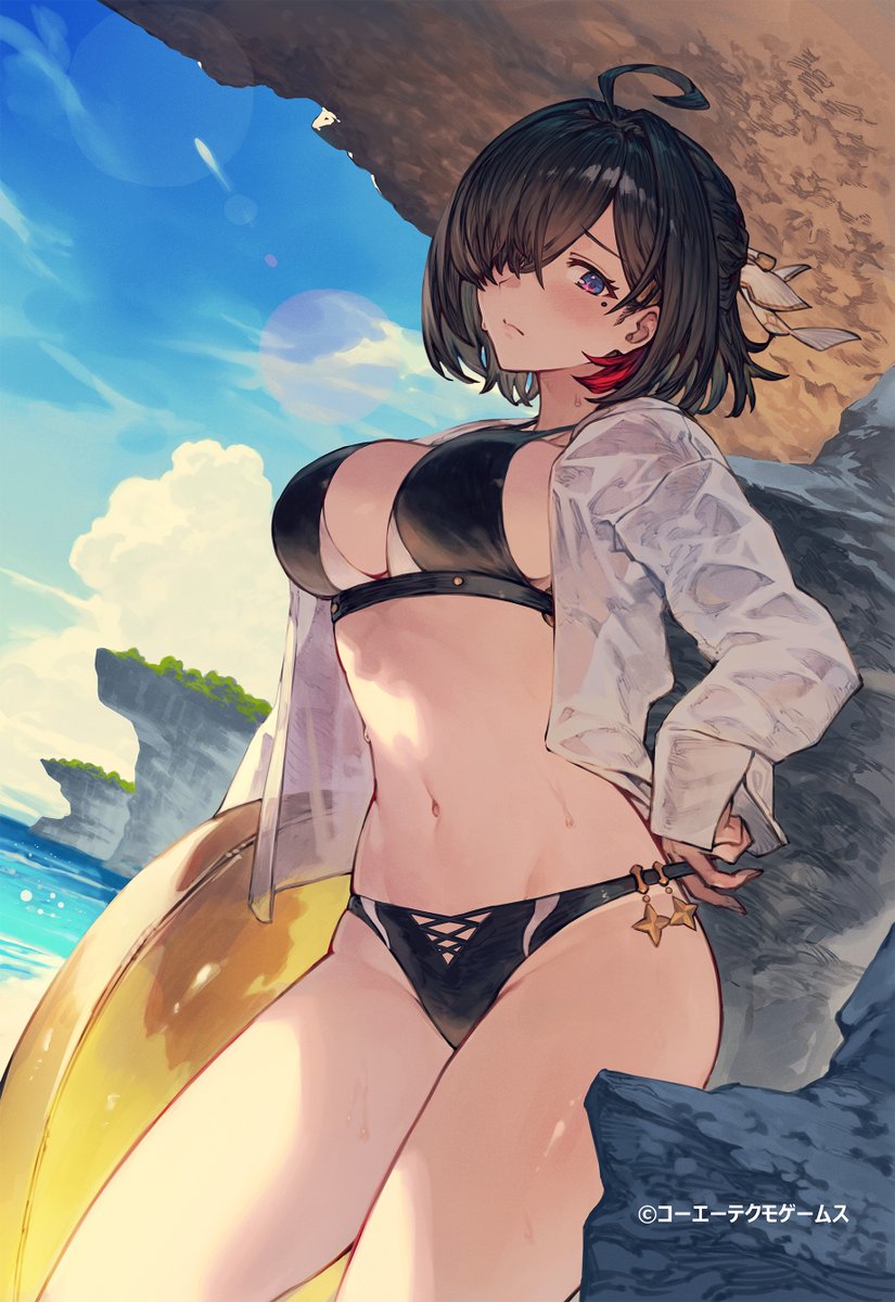 benitama, yumia liessfeldt, atelier (series), atelier yumia, commentary request, highres, official art, second-party source, 1girl, adjusting clothes, adjusting swimsuit, ahoge, bikini, black bikini, black hair, blue sky, breasts, closed mouth, copyright notice, cowboy shot, hair over one eye, large breasts, mole, mole under eye, navel, purple eyes, short hair, sky, solo, stomach, swimsuit, swimsuit cover-up, yellow innertube
