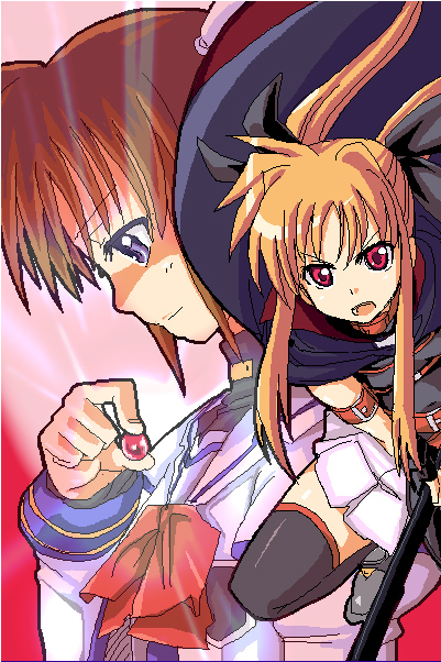 kurosho, bardiche (nanoha), fate testarossa, raising heart, raising heart (standby mode), takamachi nanoha, lyrical nanoha, mahou shoujo lyrical nanoha, 00s, 2girls, arm belt, belt, blonde hair, cape, fingerless gloves, gloves, magical girl, multiple girls, thighhighs, twintails