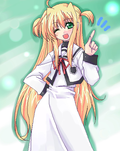 ichino, arisa bunnings, lyrical nanoha, mahou shoujo lyrical nanoha, lowres, 00s, 1girl, ;d, ^^^, ahoge, blush, capelet, contrapposto, female focus, index finger raised, long sleeves, looking at viewer, one eye closed, open mouth, purple eyes, red ribbon, ribbon, school uniform, sidelocks, smile, solo, standing, two side up