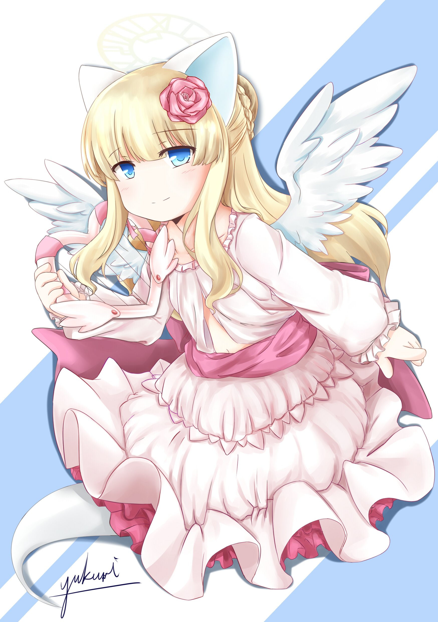 yukuri, nekomata shiro, emil chronicle online, absurdres, highres, 1girl, animal ears, artist name, blonde hair, blue eyes, cat ears, cat girl, flower, frilled skirt, frills, ghost girl, ghost tail, hair bun, hair flower, hair ornament, halo, holding harp, long hair, navel, official alternate costume, pink shirt, pink skirt, red skirt, shirt, signature, skirt, solo, white wings, wings