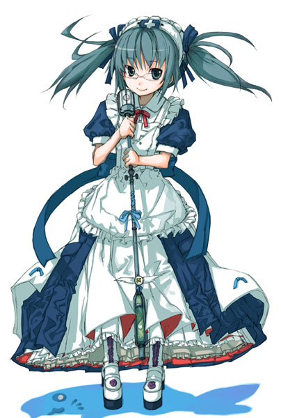 yamane masato, original, 1girl, apron, blush, female focus, floating hair, flower, green eyes, green hair, holding, looking at viewer, maid, maid apron, matching hair/eyes, puffy short sleeves, puffy sleeves, short sleeves, simple background, smile, solo, staff, standing, tareme, twintails, white background, wind