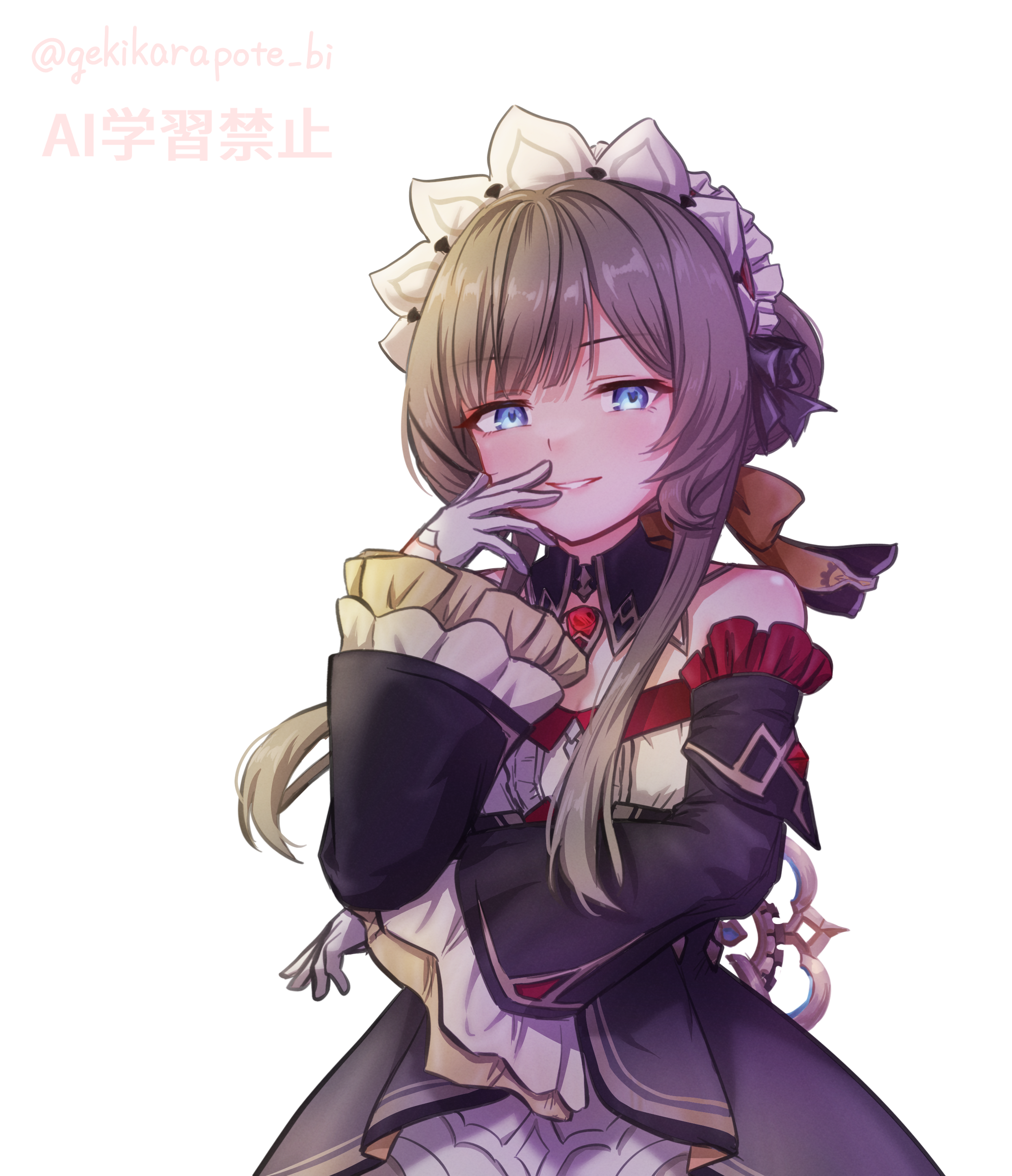 gekikara poteto, sandrone (genshin impact), genshin impact, absurdres, highres, 1girl, blue eyes, brown hair, dress, frilled dress, frilled sleeves, frills, gloves, hair bun, long hair, long sleeves, looking at viewer, open mouth, simple background, single hair bun, smile, smirk, solo, upper body, white background, white gloves, wide sleeves
