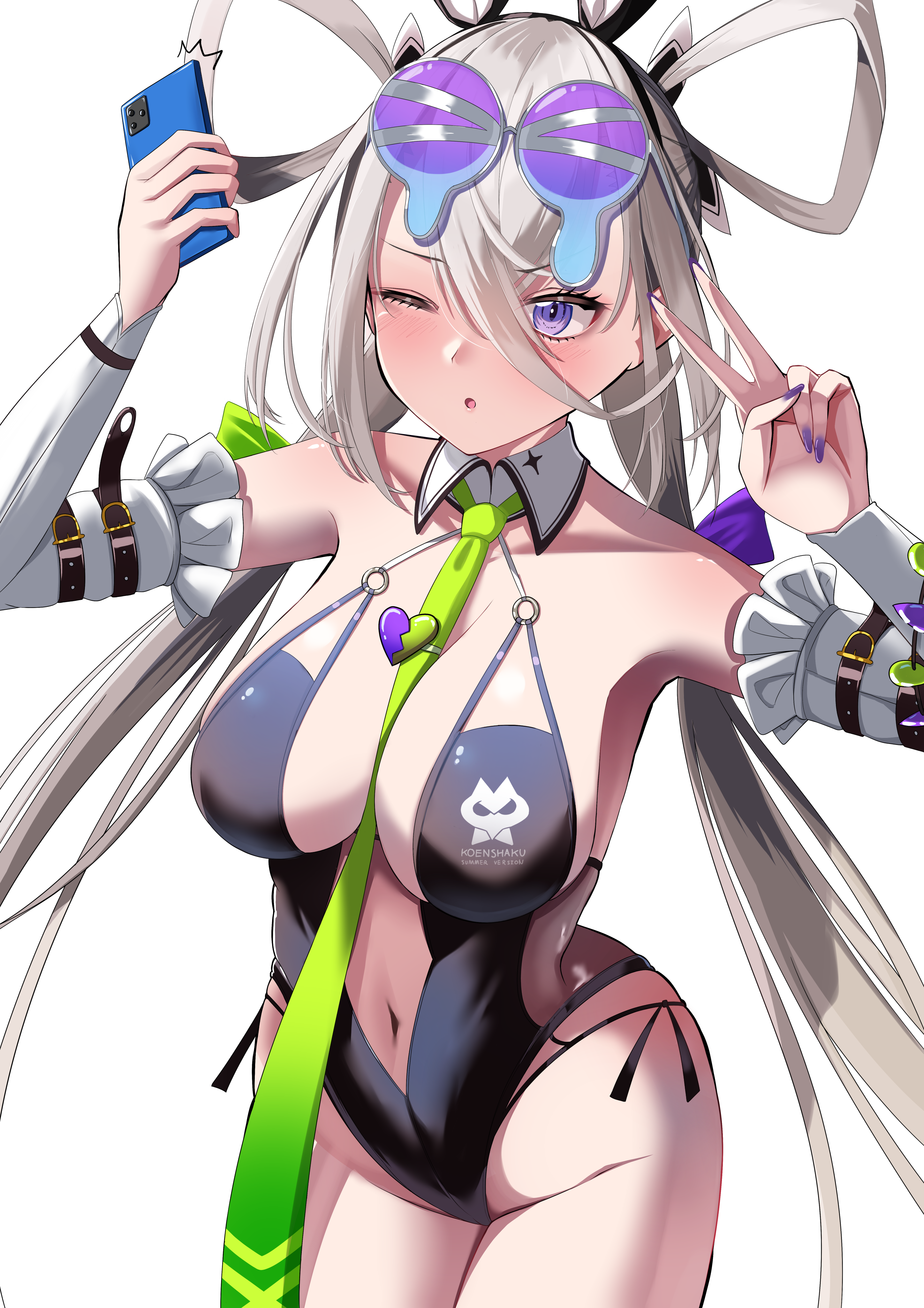 nigori (keydoor), huyan zhuo (fate), huyan zhuo (swimsuit berserker) (fate), fate/grand order, fate (series), absurdres, highres, 1girl, animal ears, bare shoulders, black one-piece swimsuit, blush, breasts, cellphone, cleavage, detached collar, detached sleeves, eyewear on head, fake animal ears, grey hair, hair between eyes, hair ornament, hair rings, hairclip, highleg, highleg one-piece swimsuit, large breasts, long hair, low twintails, navel, necktie, one-piece swimsuit, one eye closed, phone, plunging neckline, puckered lips, purple eyes, solo, sunglasses, swimsuit, thighs, twintails, very long hair