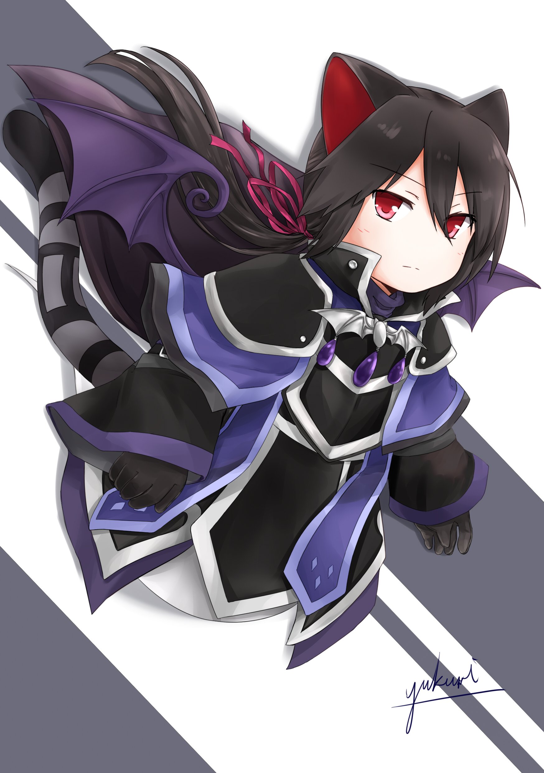 yukuri, nekomata kuro, emil chronicle online, absurdres, highres, 1girl, animal ears, armor, artist name, bat wings, black armor, black hair, black robe, black tail, black wings, bow, cat ears, cat girl, cat tail, ghost girl, ghost tail, hair bow, jewelry, long hair, low ponytail, official alternate costume, pendant, ponytail, red bow, red eyes, robe, signature, solo, tail, wings