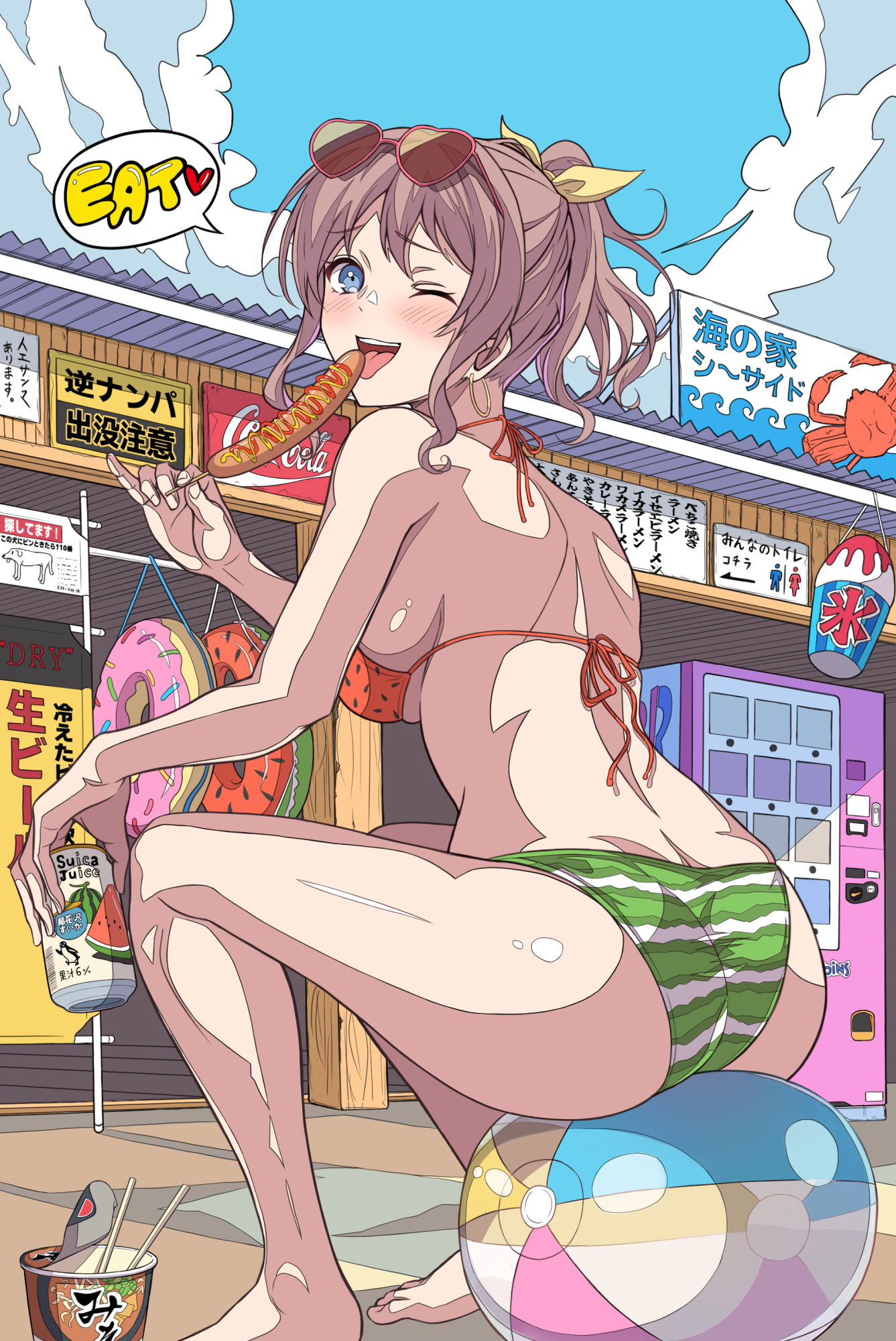 aranami shibuki, yamabuki saya, bang dream!, commentary request, highres, 1girl, ass, ball, beach, beachball, bikini, blue sky, can, cloud, day, drink can, eyewear on head, food, food print, from behind, fruit print, gyaru, halterneck, horizon, hot dog, ligne claire, looking at viewer, looking back, noodles, ocean, outdoors, ponytail, print bikini, ramen, sexually suggestive, shop, sitting, sky, smile, solo, string bikini, sunglasses, swimsuit, tongue, tongue out, vending machine, watermelon print
