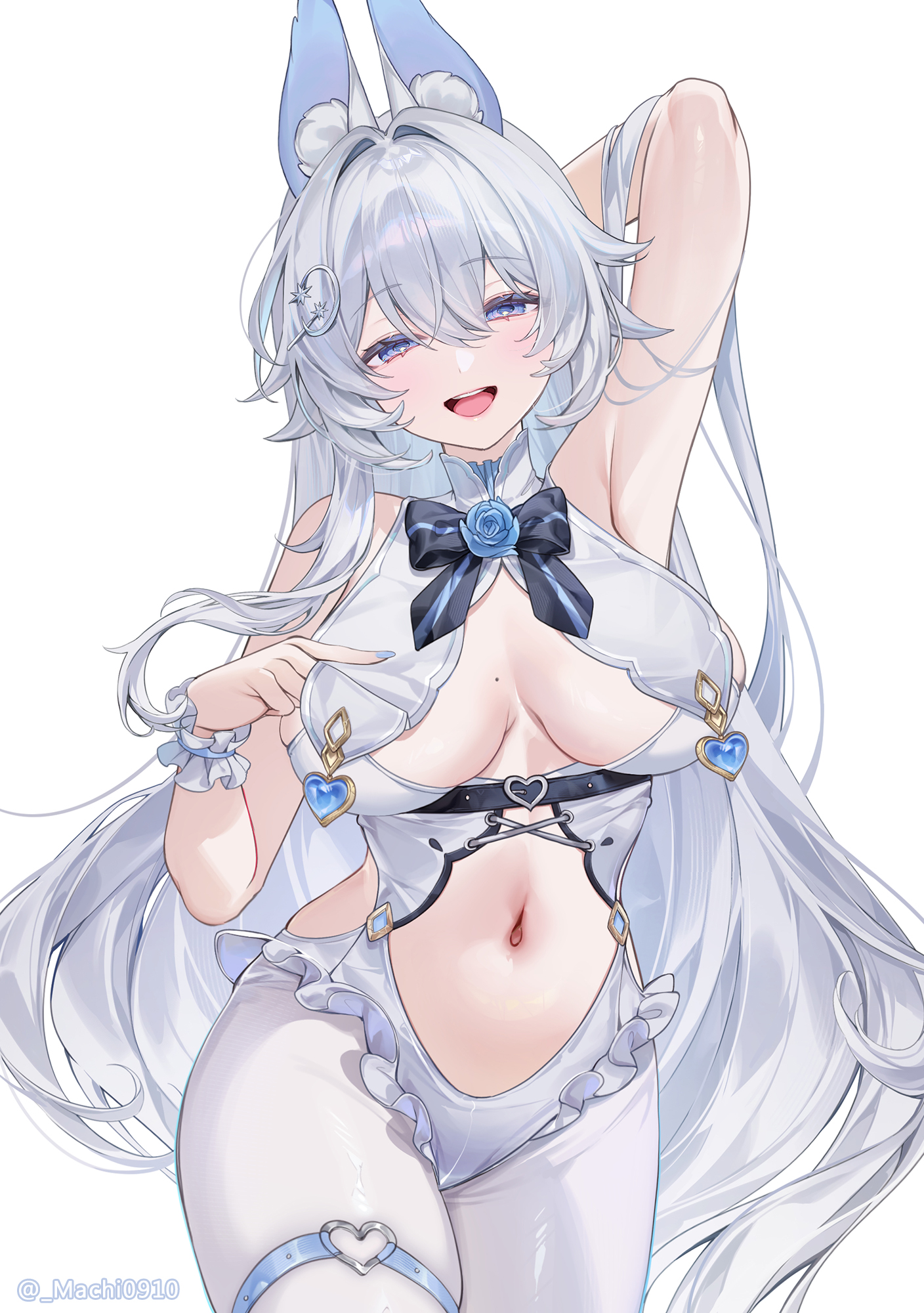 machi (machi0910), machi (machi0910) (person), original, commentary request, highres, 1girl, animal ear fluff, animal ears, arm behind head, arm up, bare shoulders, black bow, black bowtie, blue eyes, blue flower, blue nails, blue rose, bow, bowtie, bra, breast curtains, breasts, breasts apart, collar, cowboy shot, fingernails, flower, frilled wrist cuffs, frills, hair between eyes, hair intakes, hair ornament, half-closed eyes, kemonomimi mode, large breasts, light blush, long fingernails, long hair, looking at viewer, mole, mole on breast, nail polish, navel, open mouth, pantyhose, rabbit ears, rose, simple background, smile, solo, stomach, thigh strap, twitter username, underwear, very long hair, white background, white bra, white collar, white hair, white pantyhose, white wrist cuffs, wrist cuffs