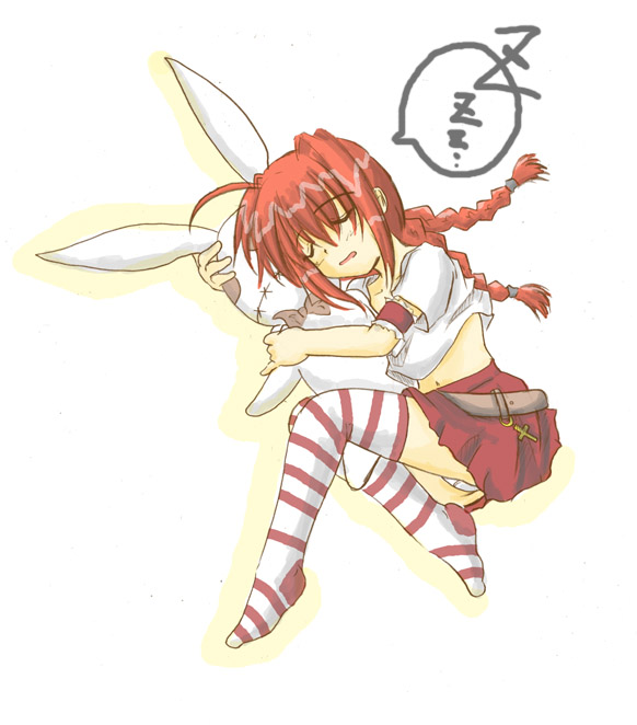 zero point, vita (nanoha), lyrical nanoha, mahou shoujo lyrical nanoha, mahou shoujo lyrical nanoha a's, 00s, 1girl, ahoge, braid, female focus, hugging object, red hair, shirt, sleeping, solo, striped clothes, striped thighhighs, stuffed animal, stuffed rabbit, stuffed toy, t-shirt, thighhighs, twin braids, zzz