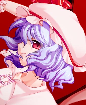 maroppe, remilia scarlet, touhou, lowres, 1girl, blue hair, female focus, hat, hat ribbon, red eyes, ribbon, short hair, slit pupils, solo, upper body, wings