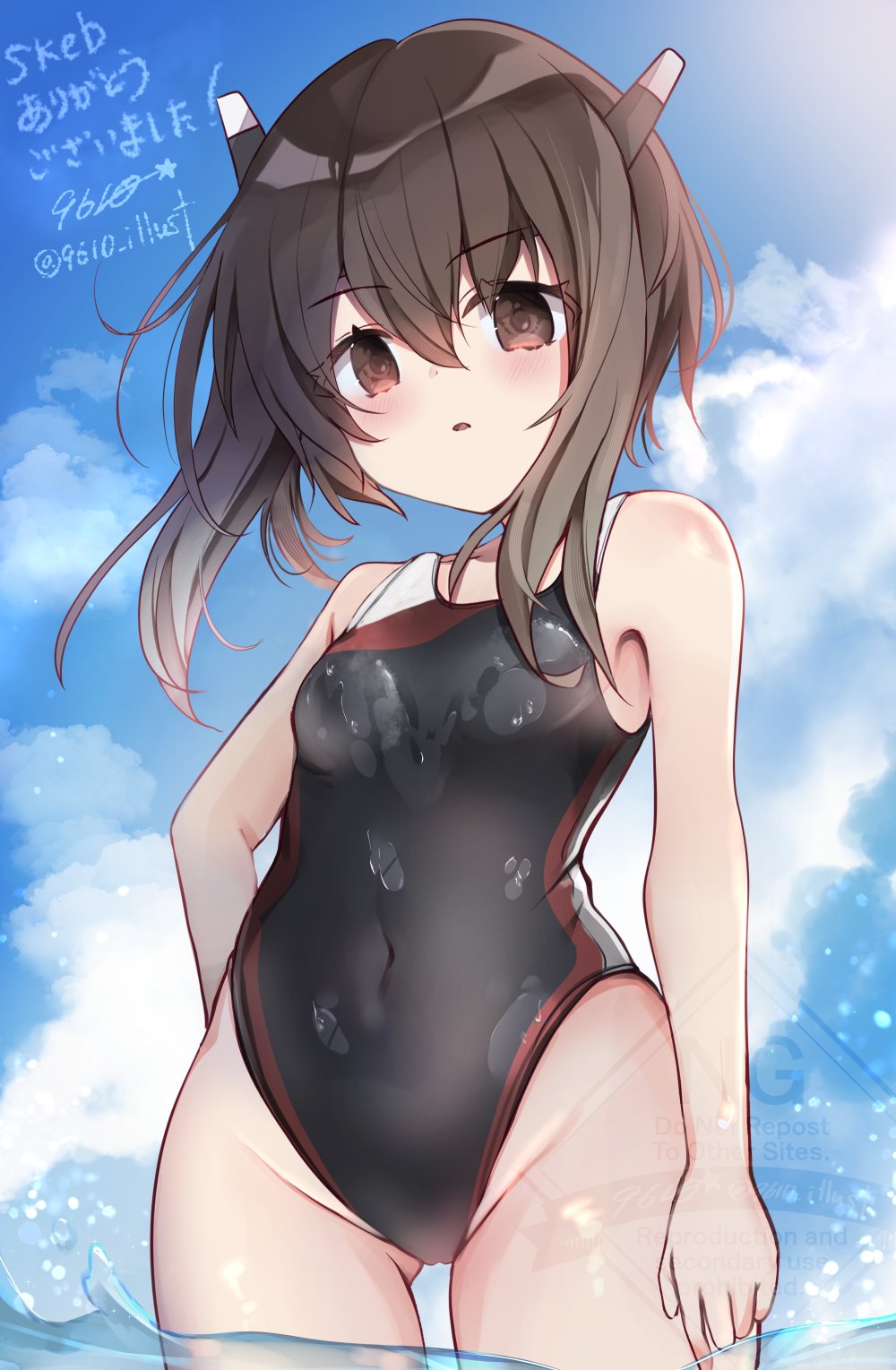 9610 (kuroto), taihou (kancolle), kantai collection, commentary request, commission, highres, skeb commission, 1girl, black one-piece swimsuit, blue sky, breasts, brown eyes, brown hair, cloud, competition swimsuit, covered navel, headgear, highleg, highleg one-piece swimsuit, one-piece swimsuit, short hair, short hair with long locks, sky, small breasts, solo, swimsuit, wading, water