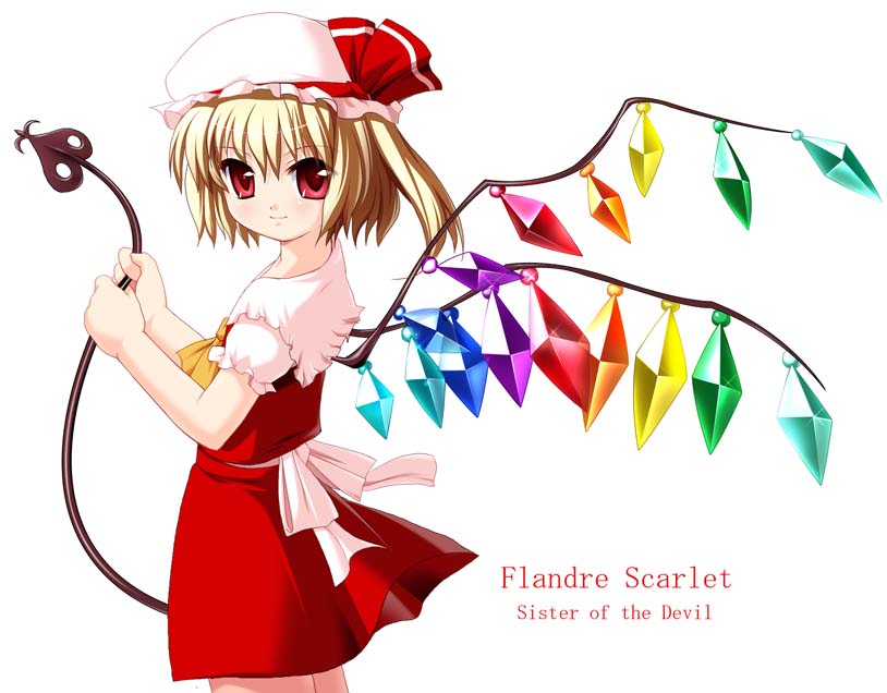 maroppe, flandre scarlet, touhou, 1girl, ascot, blonde hair, character name, english text, female focus, hat, hat ribbon, laevatein, mob cap, rainbow order, red eyes, ribbon, short hair, side ponytail, solo, white hat, wings