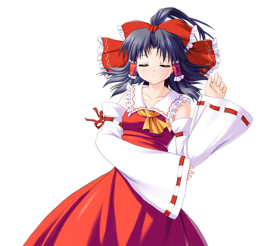 maroppe, hakurei reimu, imperishable night, touhou, 1girl, black hair, closed eyes, female focus, japanese clothes, lying, miko, on back, short hair, simple background, sleeping, solo, white background
