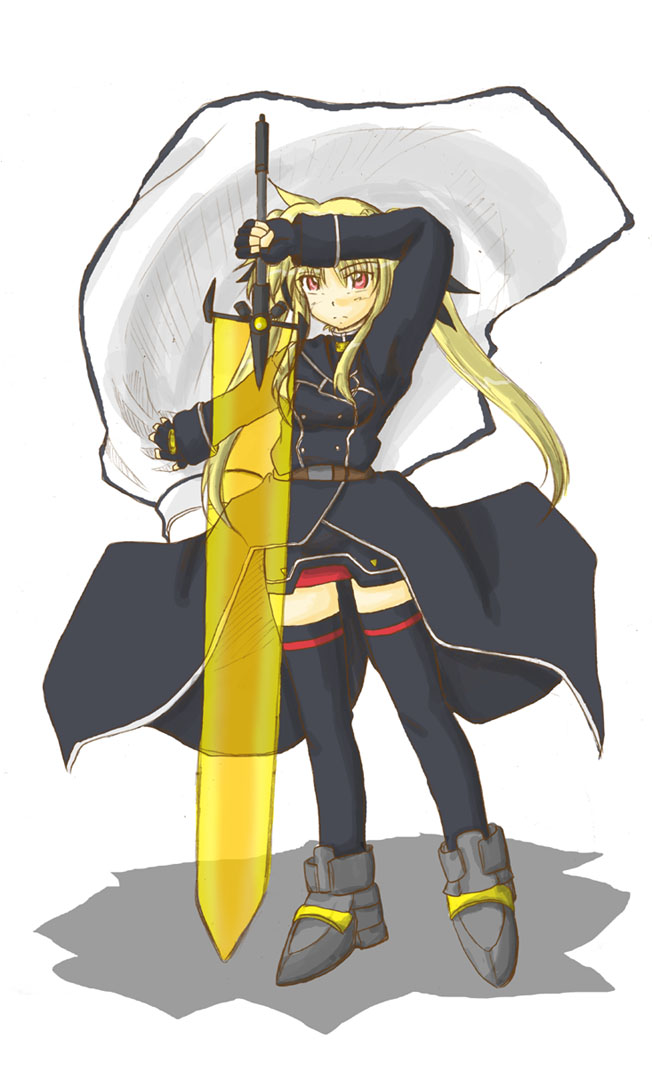 zero point, bardiche (nanoha), bardiche (zanber form) (nanoha), fate testarossa, fate testarossa (impulse form), lyrical nanoha, mahou shoujo lyrical nanoha, mahou shoujo lyrical nanoha strikers, 00s, 1girl, blonde hair, cape, energy sword, female focus, fingerless gloves, gloves, magical girl, solo, sword, thighhighs, twintails, weapon