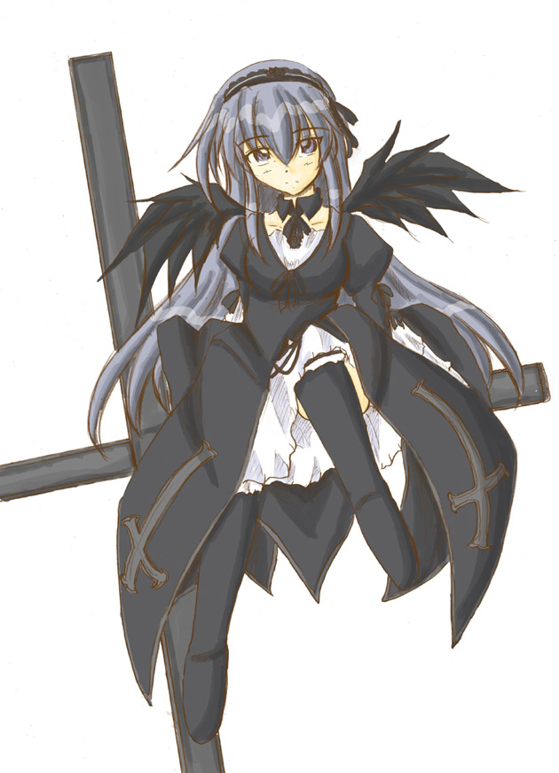zero point, suigintou, rozen maiden, 00s, 1girl, black dress, black wings, dress, female focus, frills, full body, hairband, juliet sleeves, lolita hairband, long sleeves, looking at viewer, puffy long sleeves, puffy sleeves, simple background, sitting, solo, white background, wings