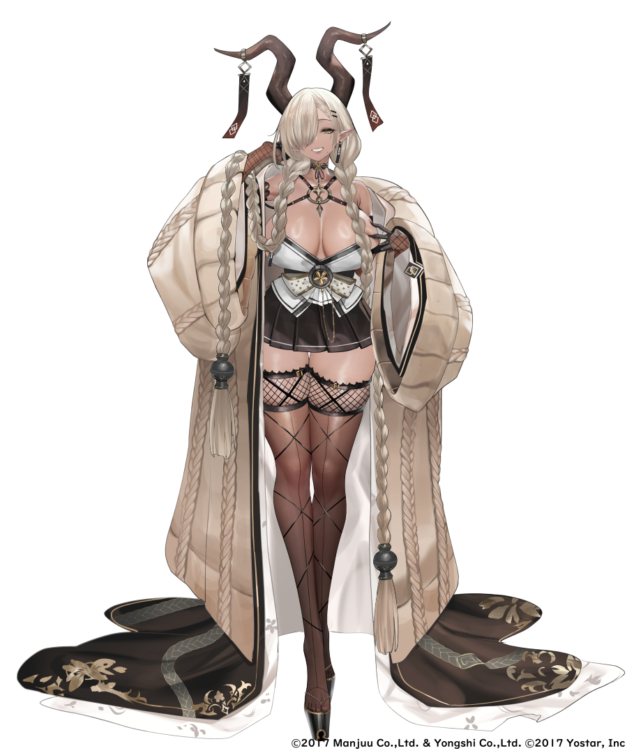 teddypocky, owari (azur lane), azur lane, commentary request, 1girl, black gloves, black horns, blonde hair, braid, breasts, brown thighhighs, cleavage, full body, gloves, hair over one eye, horns, large breasts, long hair, long sleeves, looking at viewer, one eye covered, simple background, smile, solo, standing, thighhighs, thighs, twin braids, white background, wide sleeves