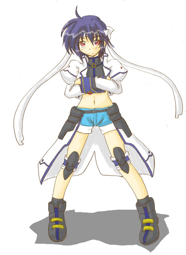 zero point, subaru nakajima, lyrical nanoha, mahou shoujo lyrical nanoha, mahou shoujo lyrical nanoha strikers, 00s, 1girl, blue hair, crossed arms, female focus, headband, magical girl, midriff, no gloves, solo, waist cape