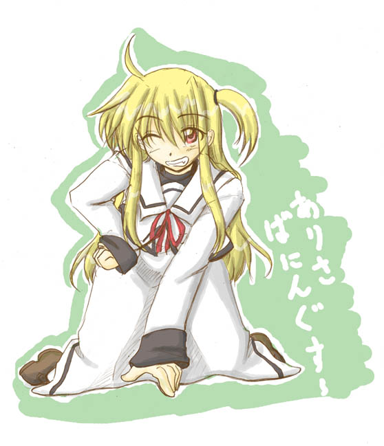 zero point, arisa bunnings, lyrical nanoha, mahou shoujo lyrical nanoha, 00s, 1girl, ;d, all fours, blonde hair, capelet, dress, female focus, frills, full body, green background, grin, leaning forward, looking at viewer, one eye closed, open mouth, sailor collar, school uniform, simple background, smile, solo, teeth, text focus, white dress