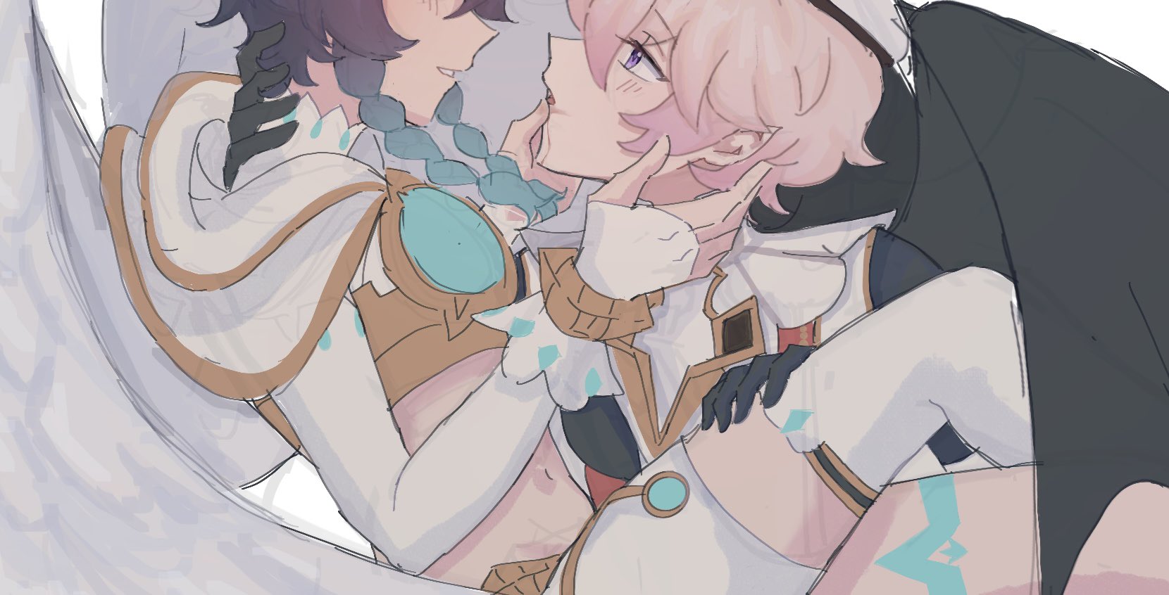 dahlia (genshin impact), venti (archon) (genshin impact), venti (genshin impact), genshin impact, highres, 2boys, angel wings, aqua hair, bat wings, black hair, black wings, braid, cape, capelet, crop top, eye contact, finger to another's mouth, from side, gradient hair, hood, hood down, hooded cape, kzscrpilled, looking at another, male focus, midriff, multicolored hair, multiple boys, navel, pink hair, purple eyes, short hair, shorts, thighhighs, twin braids, white capelet, white shorts, white thighhighs, white wings, wings, yaoi