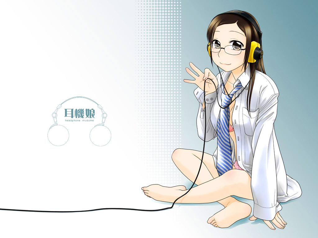 ootsuka mahiro, headphone + musume, original, sennheiser, 1girl, barefoot, bra, feet, female focus, glasses, headphones, lingerie, necktie, open clothes, open shirt, panties, shirt, solo, underwear